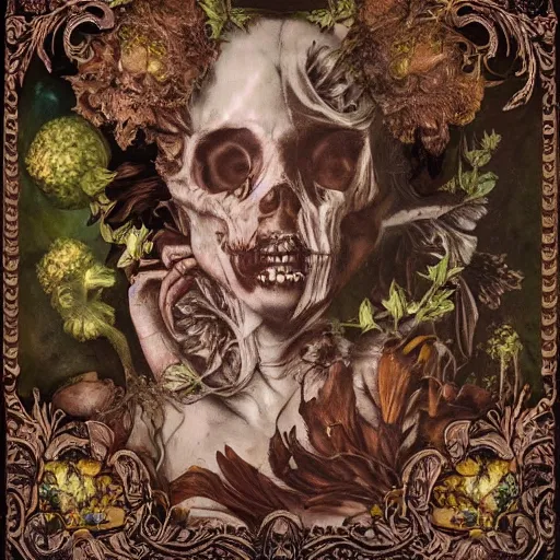 Image similar to a beautiful detailed front view baroque portrait of a rotten woman corpse becoming almost a skull with fractal plants and fractal flowers and mushrooms growing around, intricate, ornate, volumetric light, beautiful lit, polaroid photography