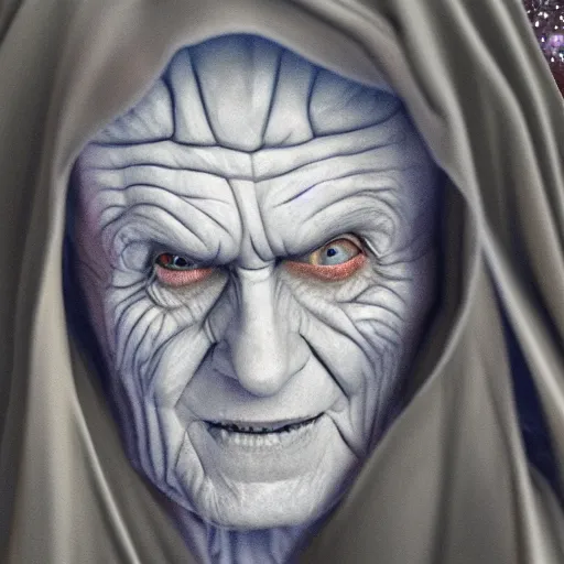 Image similar to portrait of Emperor Palpatine, Orange eyes, circles under the eyes, laughing, photorealism, 4k, super detail, Star Wars movie Style