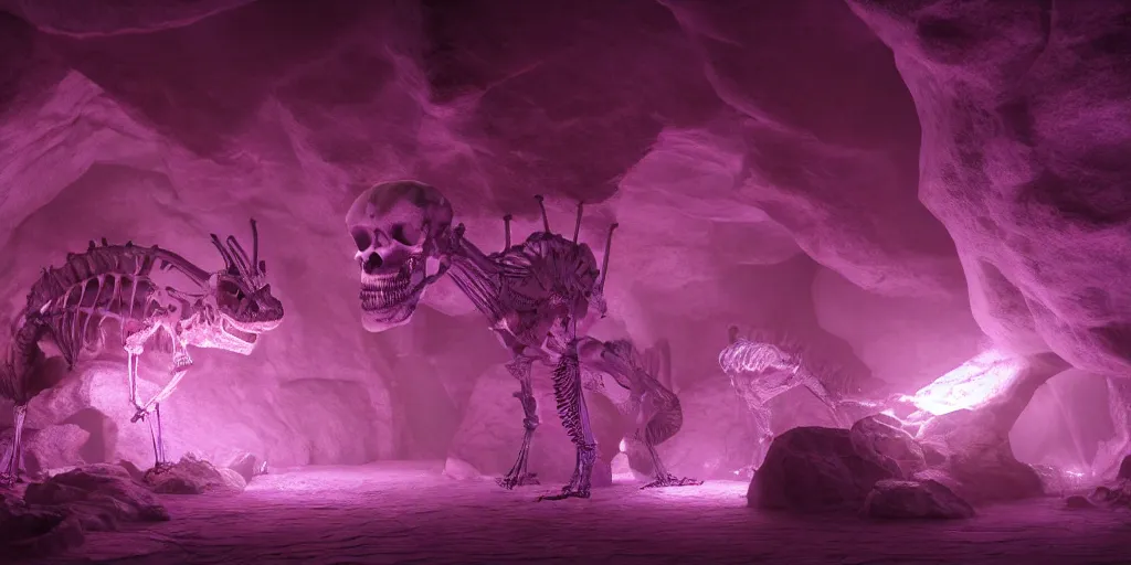 Prompt: full shot portrait of tiny dinosaur skeleton in glowing crystal cave, detailed, unreal engine 4k volumetric light, fog, purple color palette