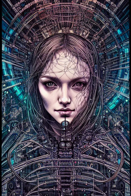 Image similar to dreamy cyberpunk girl, quantum computers, beautiful woman, detailed acrylic, grunge, intricate complexity, by dan mumford and by alberto giacometti, arthur rackham