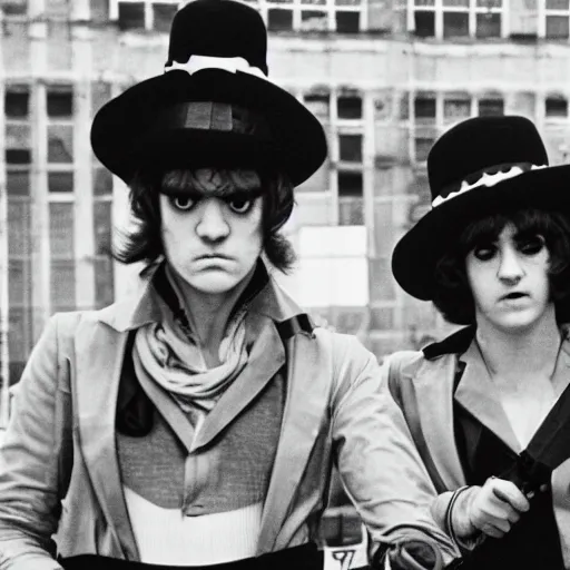 Image similar to A Clockwork Orange, women droogs, 1971 photography, female hooligans, shaggy haired punks, dystopian England