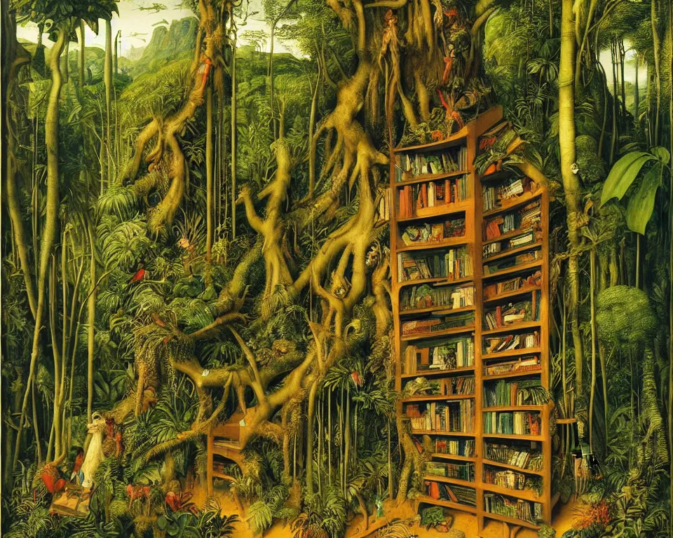 Prompt: a bookshelf in the rainforest by albrecht altdorfer. hyperdetailed, proportional, romantic, enchanting, achingly beautiful, graphic print, trending on artstation, jungle, tropical, foliage