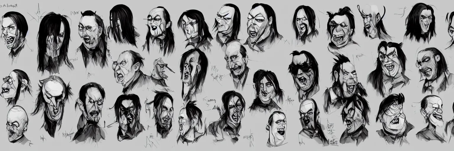 Image similar to character study of marilyn manson and jack black, clear faces, wild, crazy, character sheet, fine details, concept design, contrast, kim jung gi, pixar and da vinci, trending on artstation, 8 k, full body and head, turnaround, front view, back view, ultra wide angle