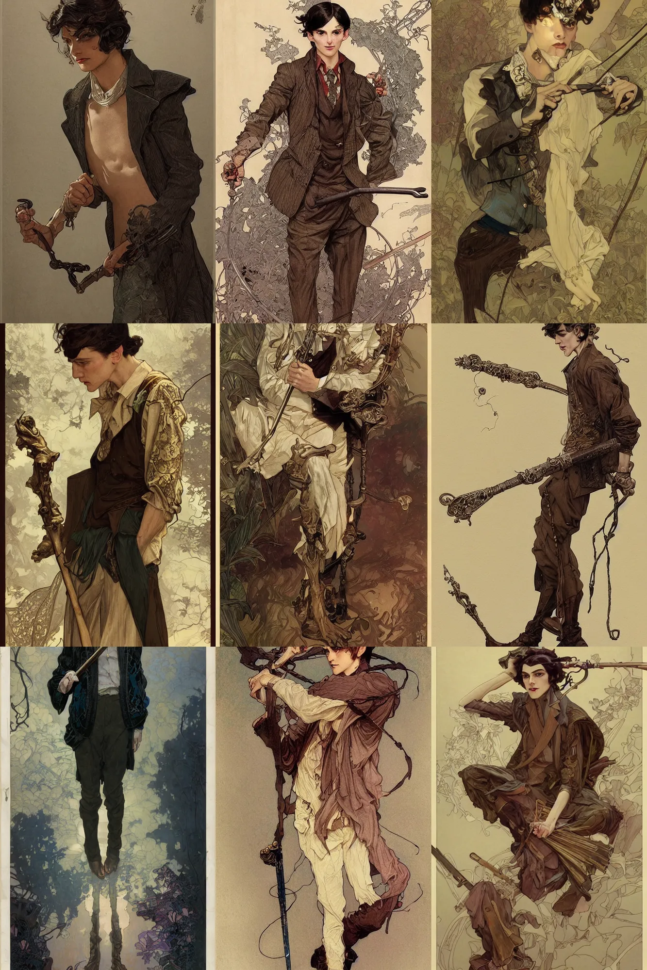 Prompt: thin young male, holding cane, long dark hair, 1 9 2 0 s fashion, fantasy, highly detailed, intricate, smooth, art by joseph leyendecker, peter mohrbacher, ruan jia, marc simonetti, ayami kojima, cedric peyravernay, alphonse mucha, victo ngai