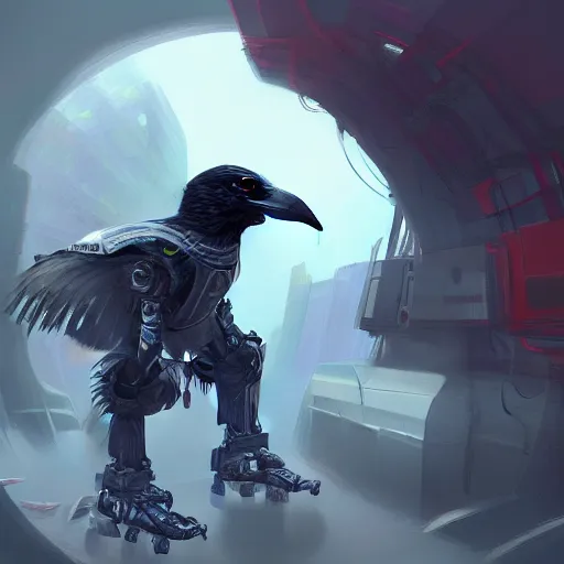 Prompt: self portrait of a robot raven. Full body with cloak and body armor, digital art, realistic, ultradetailed, concept art in the style of r/retrofuturism, art by Dariusz Zawadski, trending on artstation, devianart, cgsociety