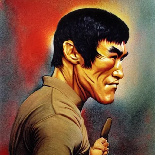 Prompt: Caricature of Bruce Lee, painted by Norman Rockwell