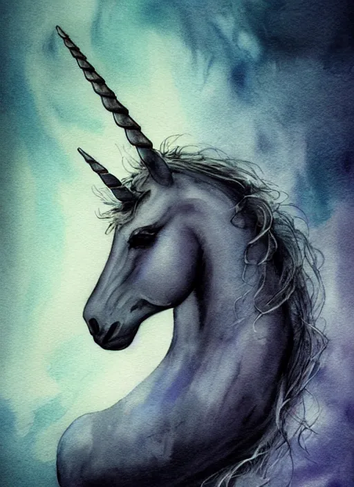 Image similar to portrait, a sad depressed unicorn that hung itself from a rainbow, watercolor, dramatic lighting, cinematic, establishing shot, extremely high detail, foto realistic, cinematic lighting, pen and ink, intricate line drawings, by Yoshitaka Amano, Ruan Jia, Kentaro Miura, Artgerm, post processed, concept art, artstation, matte painting, style by eddie mendoza, raphael lacoste, alex ross