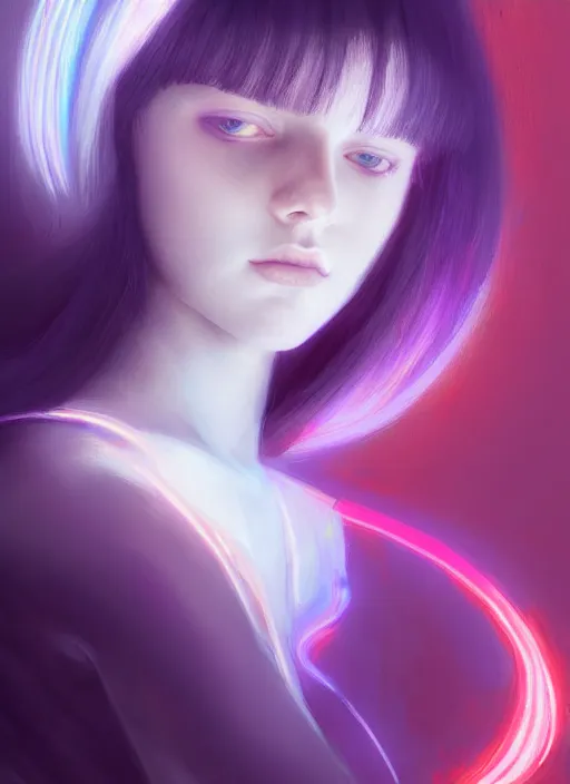 Image similar to hair whitebangs hair, white hair, whitebangsblackhair, portrait of teenage girl with white bangs, red irises, purple clothes, intricate, elegant, glowing lights, highly detailed, digital painting, artstation, concept art, sharp focus, illustration, art by wlop, mars ravelo and greg rutkowski