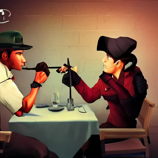 Image similar to tf2 Scout and Spy having an argument at dinner, digital art,