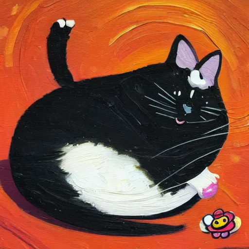 Prompt: an oil painting of a cute fat black cat sleeping in the style of takashi murakami