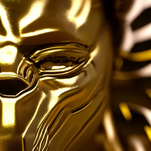 Image similar to a close up photo of a detailed golden statue of Black Panther, 8K,