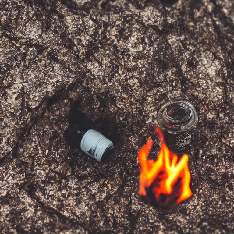 Image similar to close - up of a tiny bottle with a tent and campfire inside. dramatic lighting, night, hyper realistic, highly detailed, 4 k