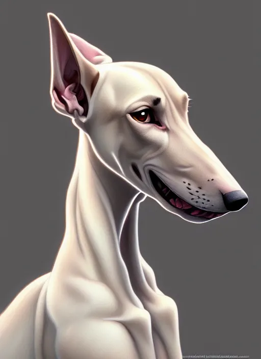 Image similar to demonic white brown greyhound, natural lighting, path traced, highly detailed, high quality, digital painting, by don bluth and ross tran and studio ghibli and alphonse mucha, artgerm