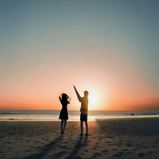 Image similar to Slim silhoutte of a couple on the beach, sunrise, ray tracing, birds in the sky, uplifting mood, happiness, majestic, 16k