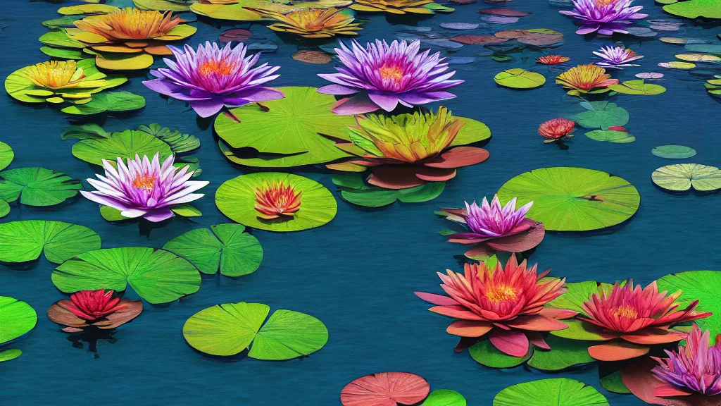 Image similar to digital illustration of a lake full of multi - colored megaflora water lily flowers by dr. seuss, reimagined by ilm and beeple : 1 | spectral color, electric color, rolling hills : 0. 9 | fantasy : 0. 9 | unreal engine, deviantart, artstation, hd, 8 k resolution : 0. 8