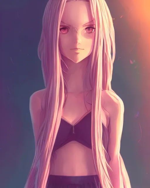 Prompt: Girl by Andrew Khok and Aniplex, Alicization, flowing hair, anime, symmetrical face, pink eyes, (((sunset))), evening, low light, sharp, trending on artstation, artstationHD, artstationHQ, patreon, 4k, 8k, beautiful