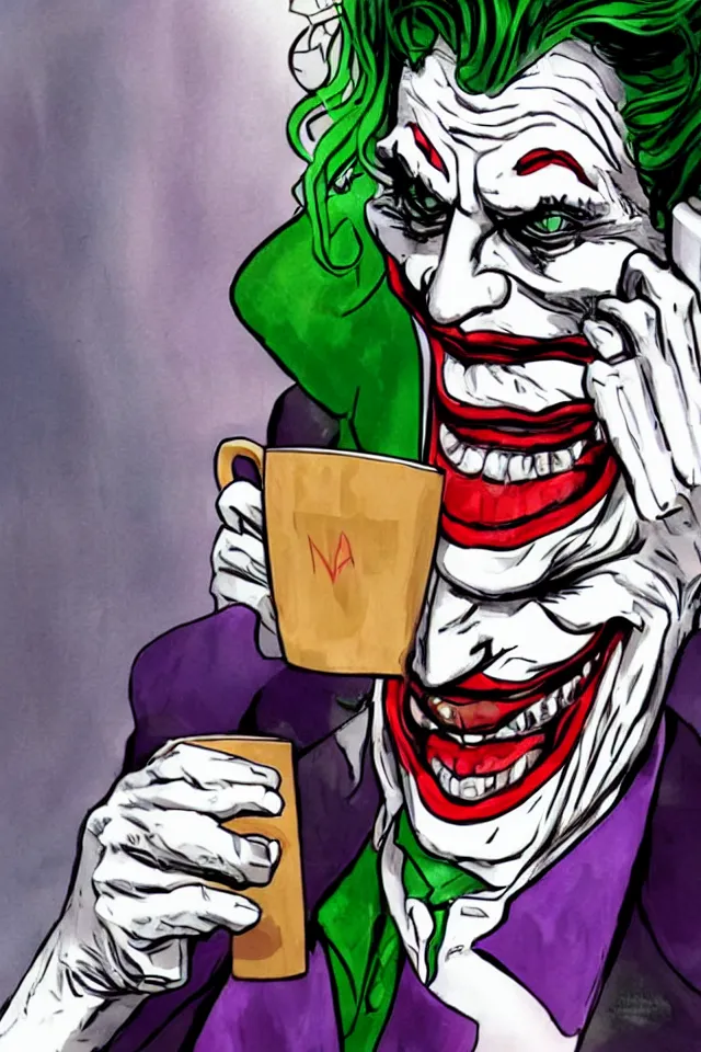 Prompt: joker drinking a cup of tea and talking on the phone, cinematic
