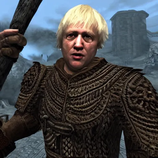 Image similar to boris johnson in skyrim, videogame cutscene