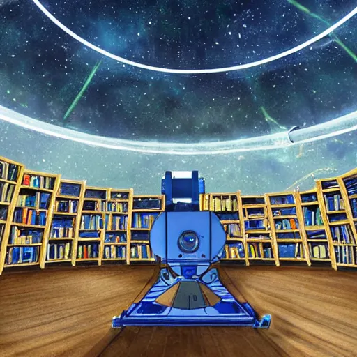 Image similar to Interior of an observatory, Blue light, Telescope, Shelves of books, Cluttered with Star maps, charts and tools, Dramatic lighting, Epic composition, Wide angle, by Miyazaki, Nausicaa Ghibli, Breath of The Wild