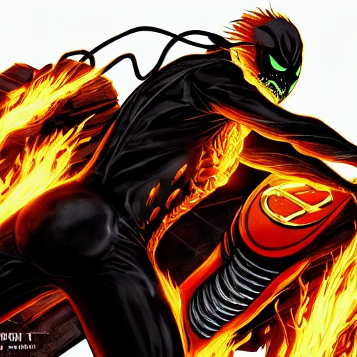 Image similar to ghost rider symbiote, comic strip style, dynamic lighting, fantasy concept art, trending on art station, stunning visuals, creative, cinematic, portrait, ultra detailed