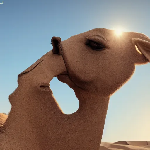Prompt: beautiful camel made of transparent opal, translucent, glare, sunlight, transparent sculpture, glowing in the sun, HDR, octane render, 8k, detailed