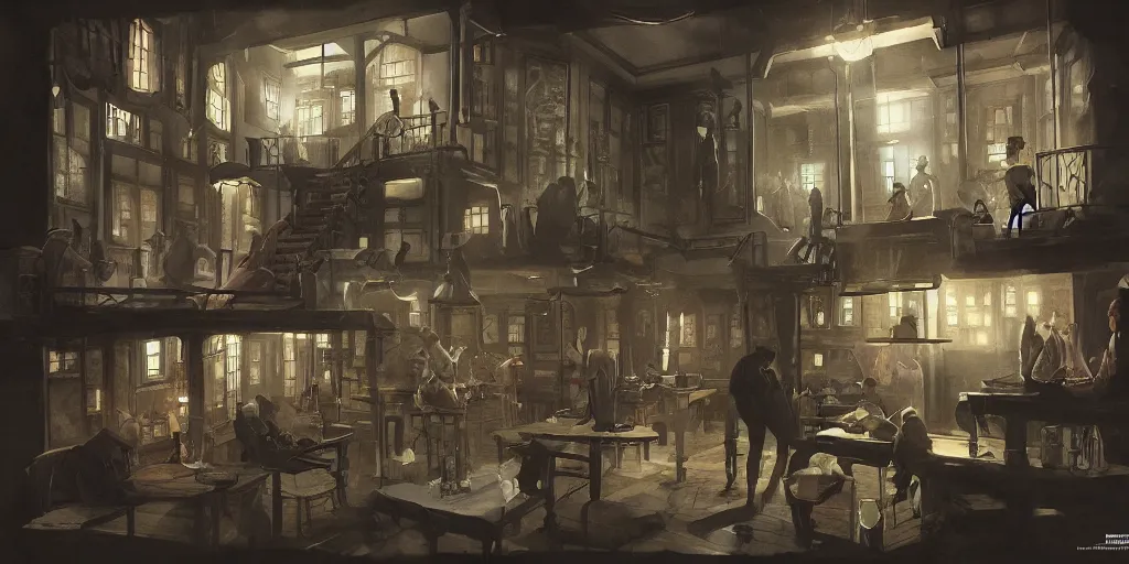 Prompt: arkham horror artbook boarding house interior, dirty workers, detailed trending on artstation