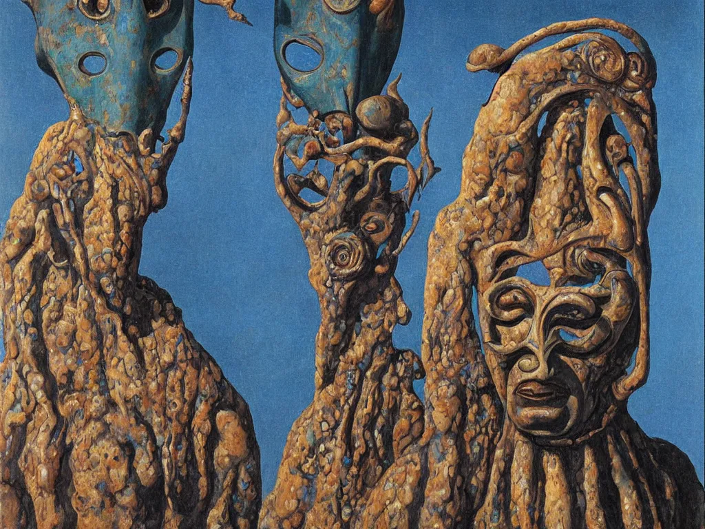 Prompt: alien african god mask, sculpture, Henri Moore giant, blue eyed, looking from the water conch. Boulders of marbled rocks, spiked, wings. Painting by Rene Magritte, Moebius, Jean Delville, Max Ernst, Maria Sybilla Merian, Alfred Kubin