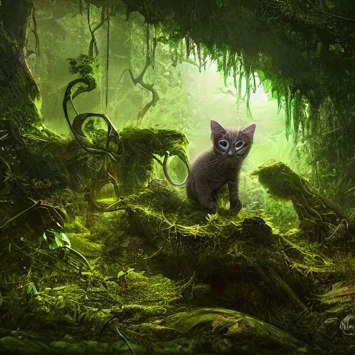 Image similar to a green eldritch kitten in an overgrown forest viewed from the sky by Marek Okon, god rays, fantasy art, 4k, HDR, photorealistic, 8k, trending on artstation