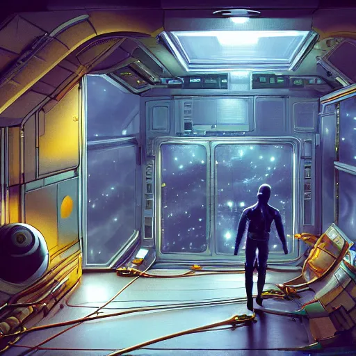 Image similar to space station corridor with big windows looking out into space, nebula, robots, loose wires, messy, inside a crowded space station, 1 9 8 0 s science fiction, 1 9 7 0 s science fiction, alien 1 9 7 9, cyberpunk, 3 d oil painting, depth perception, 4 k, artstation