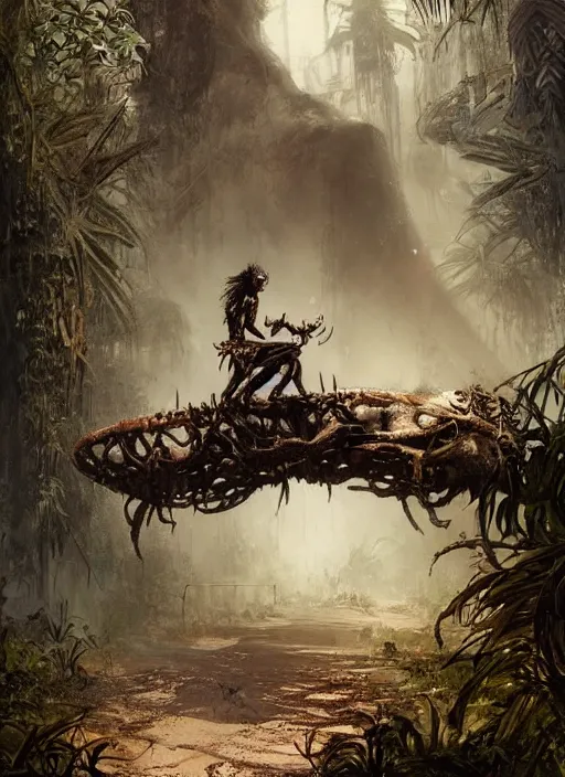 Image similar to a very beautiful cute tribal woman riding a mutated jaguar in a post apocalyptic city overgrown with lush vegetation, by Luis Royo, by Greg Rutkowski, dark, gritty, intricate, backlit, strong rimlight, cover illustration, concept art, volumetric lighting, volumetric atmosphere, sharp focus, octane render, trending on artstation, 8k