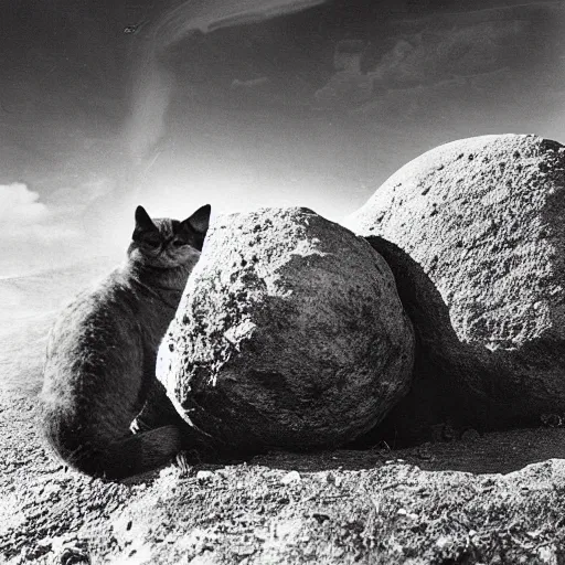 Prompt: cat with soviet army clothes mid war using a boulder as cover, war field, destruction, cinematic, epic, dramatic