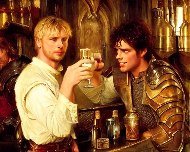 Image similar to attractive arthur pendragon and attractive lancelot go to a pub together to have some drinks. highly detailed painting by gaston bussiere, craig mullins, j. c. leyendecker 8 k