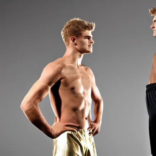 Image similar to a realistic detailed photo of a guy who is an attractive humanoid who is half robot and half humanoid, who is a male android, soccer players martin ødegaard & timo werner, shiny skin, posing like a statue, blank stare, in a living room, on display, showing off his muscles, gold soccer shorts, side view