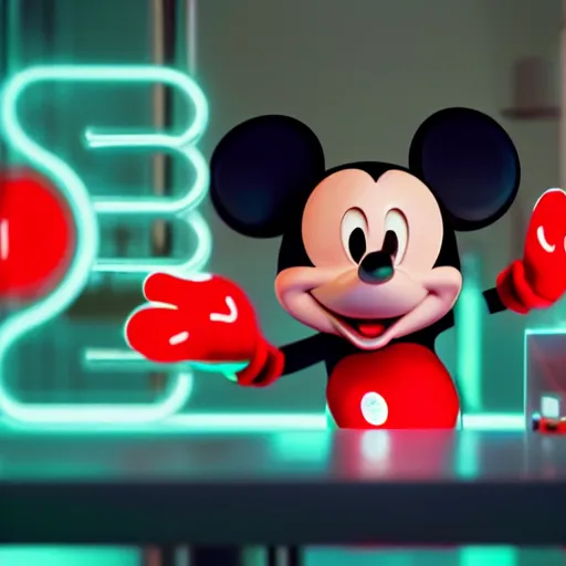 Image similar to render of mechanics operating mickey mouse in facility laboratory, with glowing red netflix logo, low light with only 1 mint and 1 red light, made by beeple, octane render, unreal engine, cinema 4 d, artstation, 4 k highly detailed art