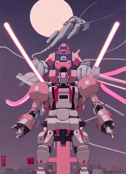 Image similar to Artwork by James Jean, Phil noto and hiyao Miyazaki; a young Japanese future samurai police girl named Yoshimi battles an enormous looming evil natured carnivorous pink gundam robot on the streets of Tokyo; Japanese shops and neon signage; crowds of people running; Art work by studio ghibli, Phil noto and James Jean