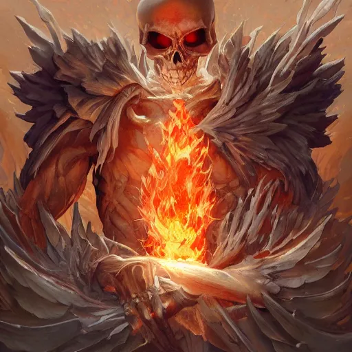 Prompt: skeleton burning in divine holy god ray spell scroll art by artgerm and greg rutkowski and Craig Mullins, James Jean, Andrey Ryabovichev, Mark Simonetti and Peter Morbacher 16k