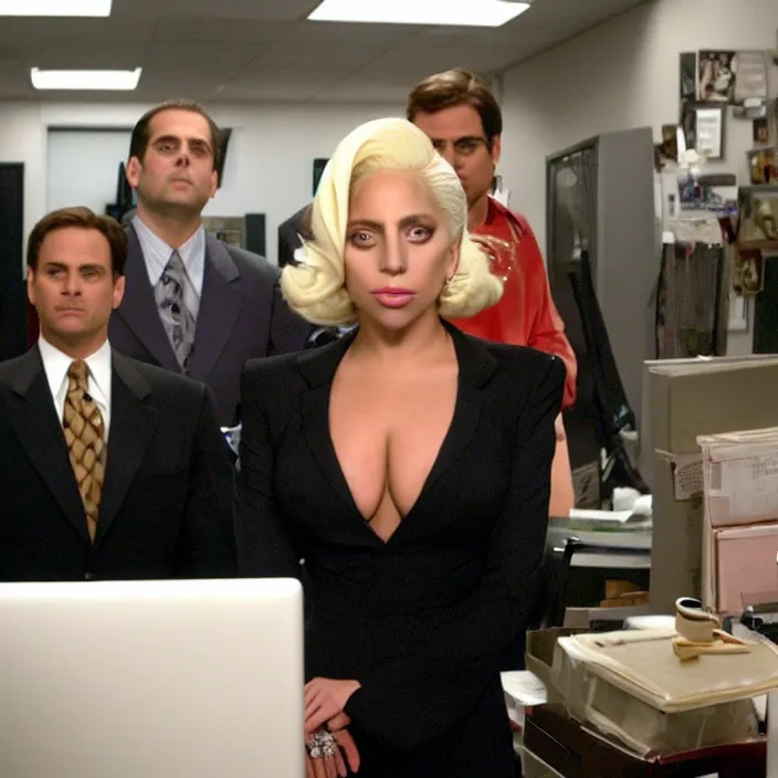 Image similar to lady gaga looking at the camera, from the office ( 2 0 0 5 ), detailed background, in the middle of dwight schrute and michael scott.