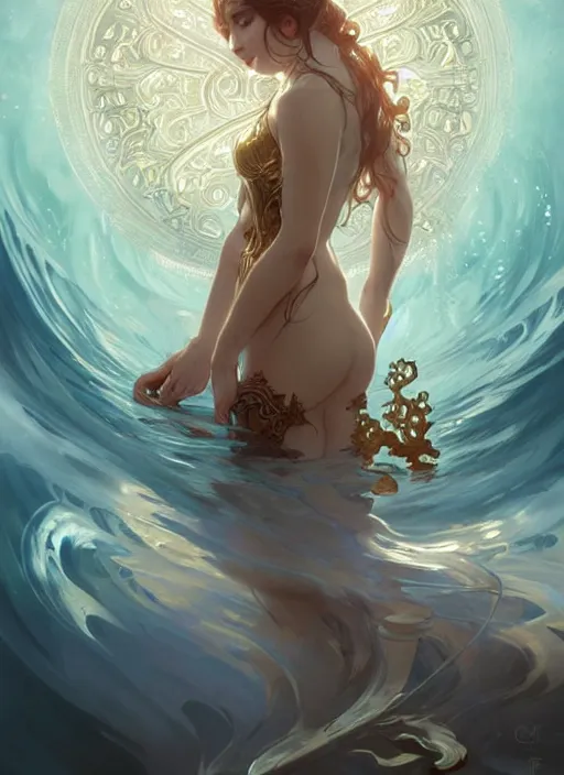 Image similar to summoner with a cute water elemental, fantasy, intricate, elegant, highly detailed, digital painting, artstation, concept art, wallpaper, smooth, sharp focus, illustration, art by artgerm and greg rutkowski and alphonse mucha