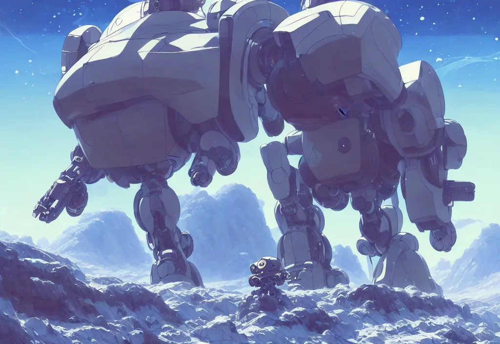 Prompt: a small chubby mecha on a glacier on an alien planet, intricate oil painting, high detail illustration, sharp high detail, manga and anime 1 9 9 9, official fanart behance hd artstation by jesper ejsing and makoto shinkai, 4 k,