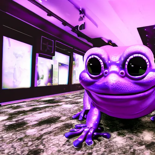 Image similar to a purple frog in a strange place ; dark and scary ; hi - tech ; vaporwave ; unreal engine, wide angle