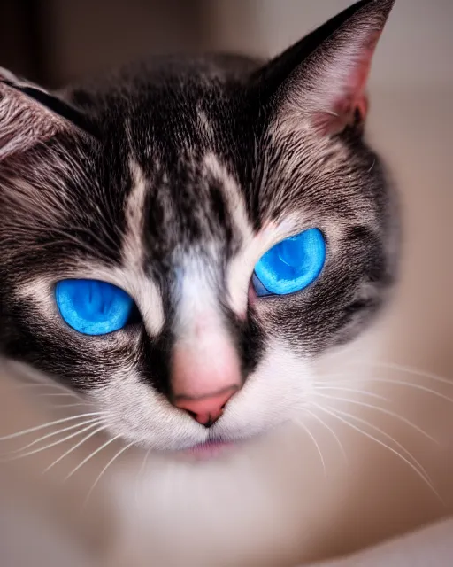 Image similar to closeup blue eyed cat licking himself on a bed at twilight dslr photo