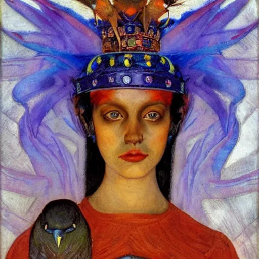 Image similar to the raven queen in her crown, by Annie Swynnerton and Nicholas Roerich and Diego Rivera, blue skin, elaborate costume, geometric ornament, rich color, dramatic cinematic lighting, smooth, sharp focus, extremely detailed