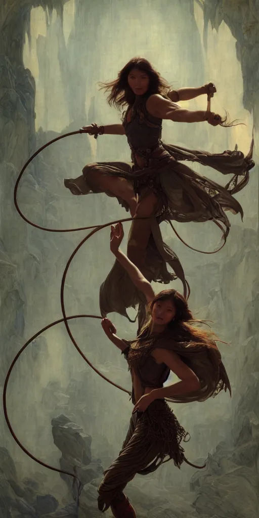 Prompt: gemma chan, beautiful passionate exotic lyra hoop dancer, dungeons and dragons, masterpiece by edgar maxence and ross tran and michael whelan, frank frazetta, gustav dore, 8 k, octane render, castle wall