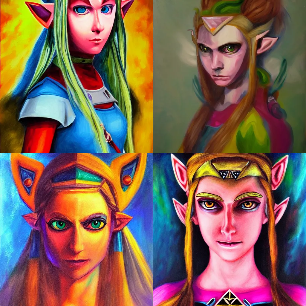 Prompt: Colorful, creepy portrait of Princess Zelda (The Legend of Zelda), oil canvas