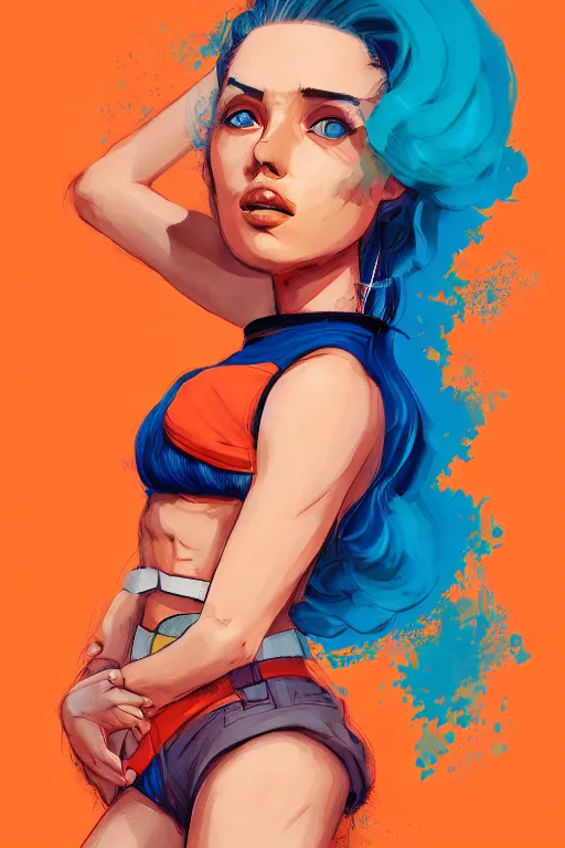 Image similar to a award winning half body portrait of a beautiful caucasian woman in a croptop and cargo pants with ombre orange blue teal hairstyle with head in motion and hair flying by will eisner, outrun, vaporware, digital art, trending on artstation, highly detailed, fine detail, intricate