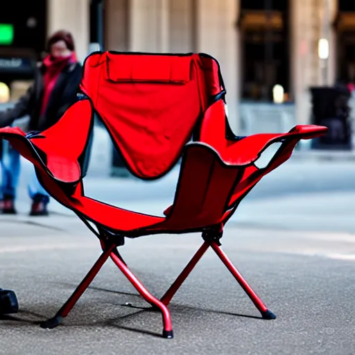 Prompt: a red camping chair in the middle fifth avenue.