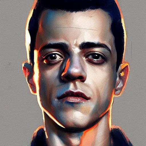 Image similar to “ portrait of rami malek by greg rutkowski, young, attractive, highly detailed portrait, scifi, digital painting, artstation, concept art, smooth, sharp foccus ilustration, artstation hq ”