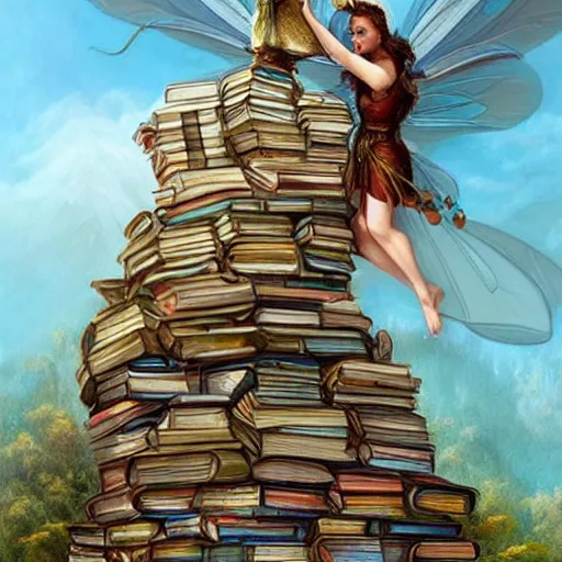 Prompt: Mountain made of books with a fairy on top of it by Artgerm by Mark Arian