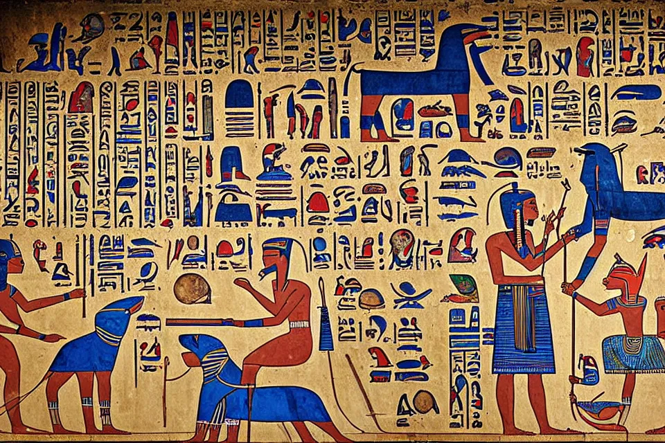 Prompt: an egyptian mural with various technological inventions, computers, cell phones, spacecraft, spaceships, time machines, cave painting.