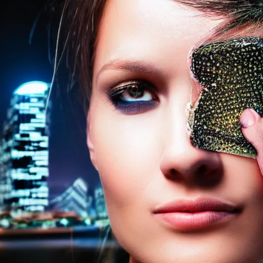 Image similar to close up on a woman\'s face with a log of cybernetic components. Futuristic city in the background. Very detailed. 55mm lens